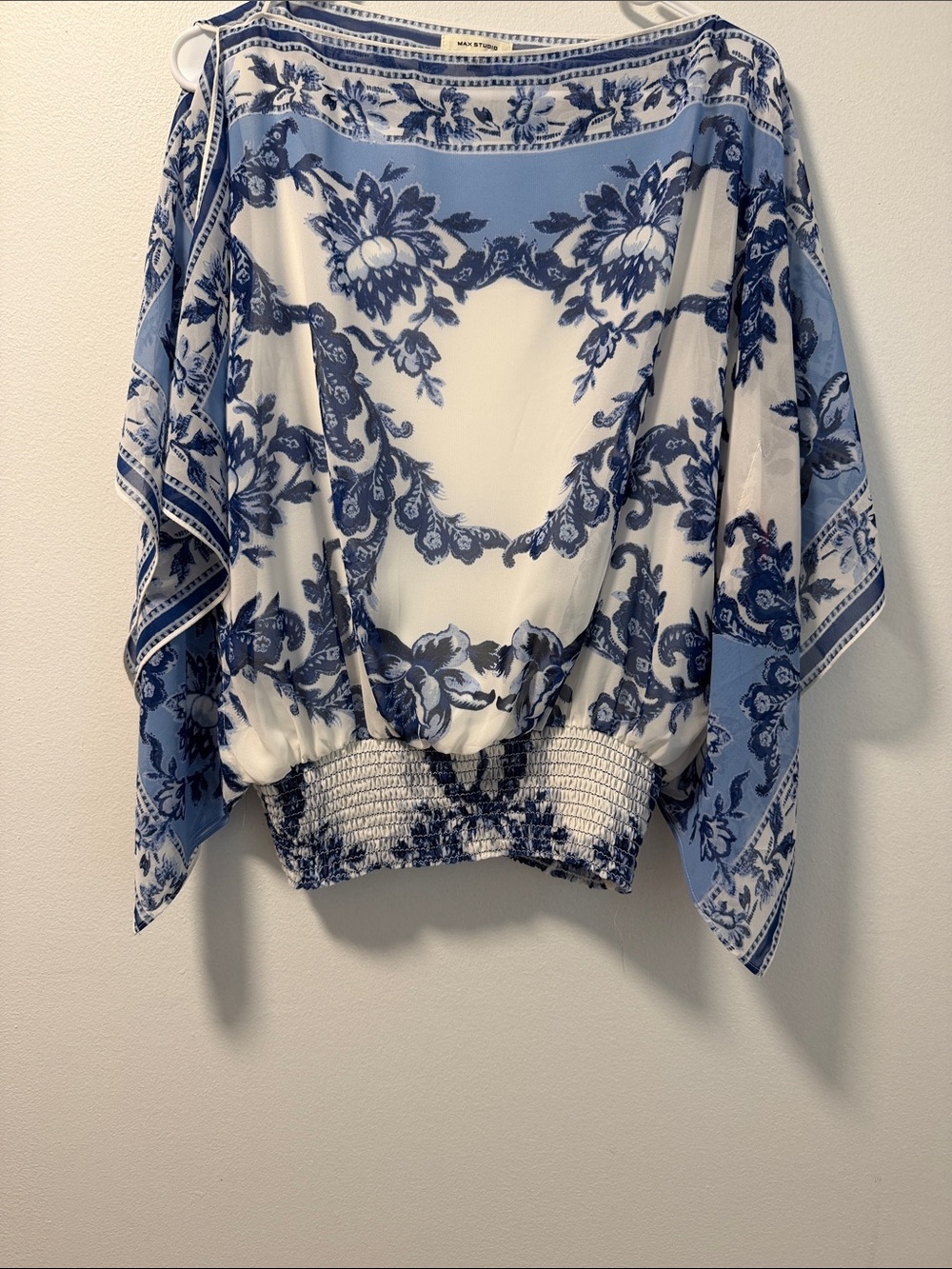 Max Studio Blue and White Floral Smocked Waist Tunic Size M